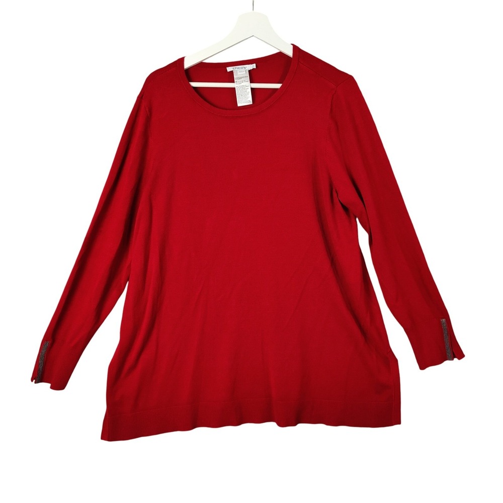 Chicos Womens Festive Classic Holiday Pullover Sweater XL Red Beaded Cuff Knit - Picture 1 of 8
